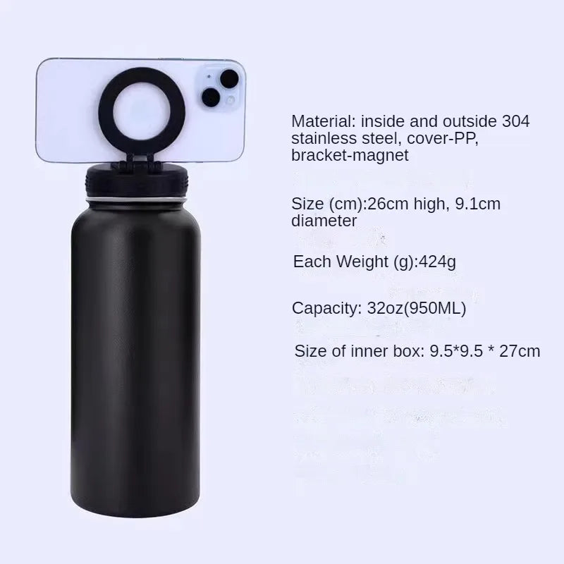 Insulated Water Bottle for Iphone Magnetic Phone Mount Stainless Steel Water Bottle 32Oz Camera and Live Streaming Mobile Phone